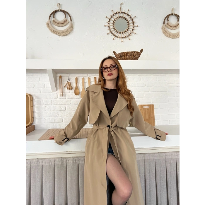 Kemer ve Manşet Detaylı Uzun Trençkot Camel