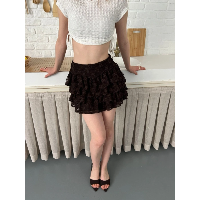Dantel Detay Fırfırlı Mini Etek Kahve