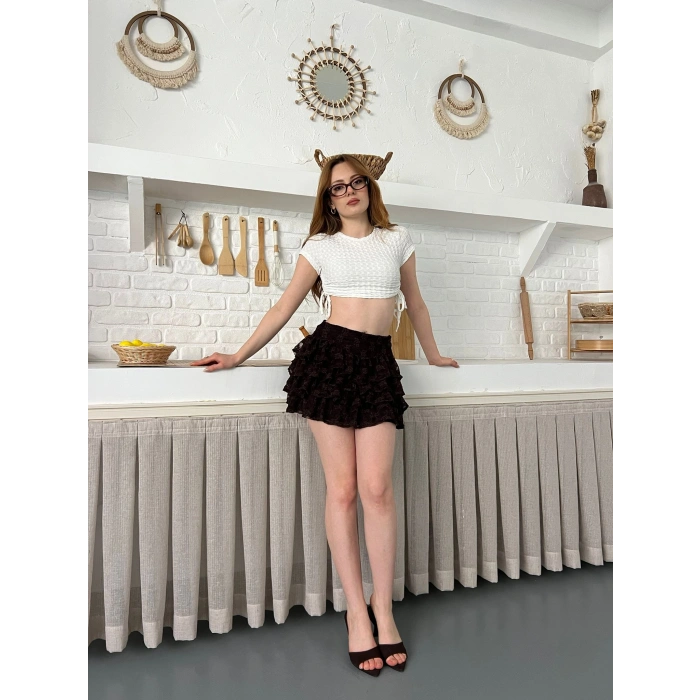 Dantel Detay Fırfırlı Mini Etek Kahve