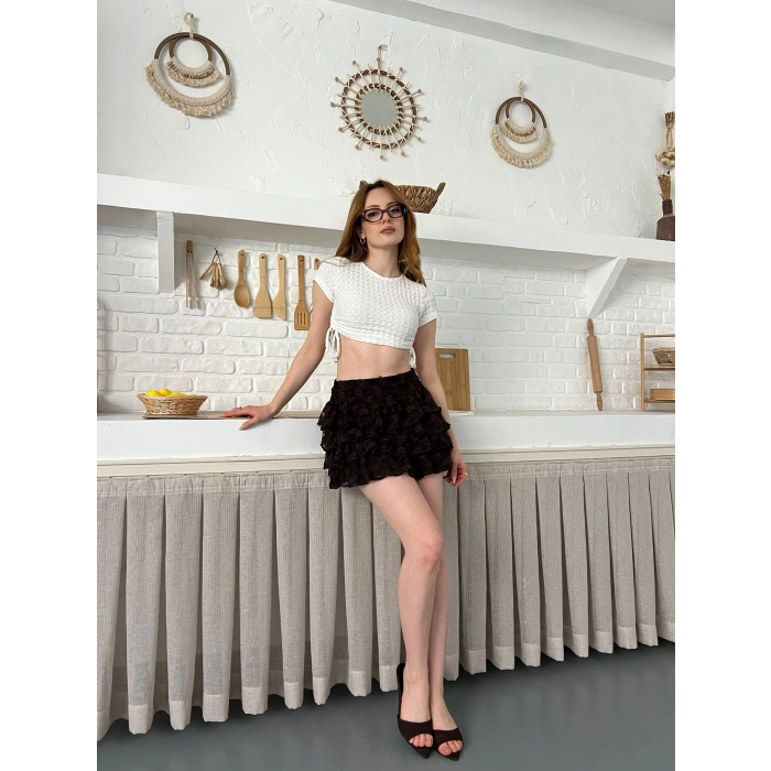 Dantel Detay Fırfırlı Mini Etek Kahve