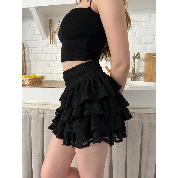 Dantel Detay Fırfırlı Mini Etek Siyah