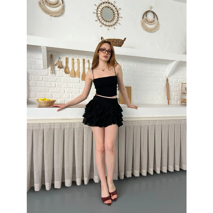 Dantel Detay Fırfırlı Mini Etek Siyah