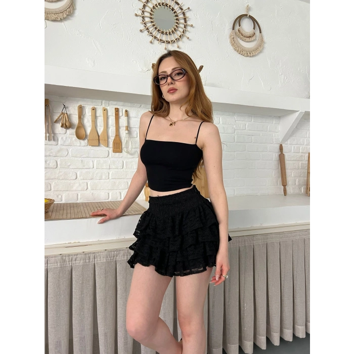Dantel Detay Fırfırlı Mini Etek Siyah
