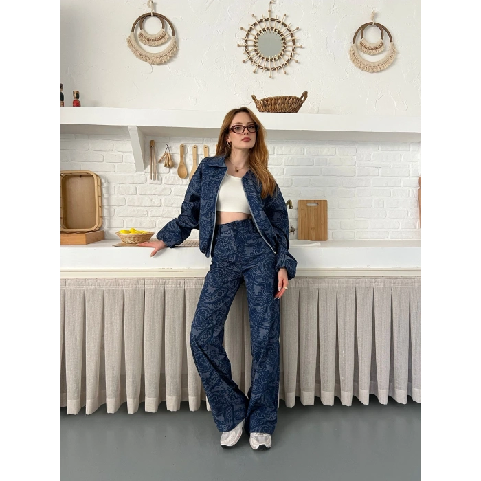 Desenli Tasarım Denim Takım Mavi