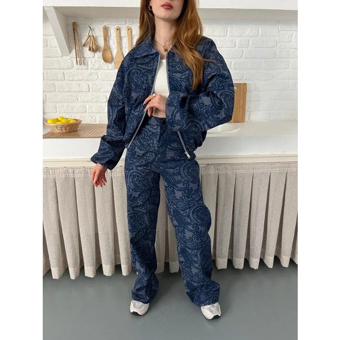 Desenli Tasarım Denim Takım Mavi