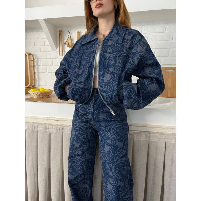 Desenli Tasarım Denim Takım Mavi