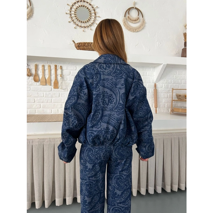 Desenli Tasarım Denim Takım Mavi