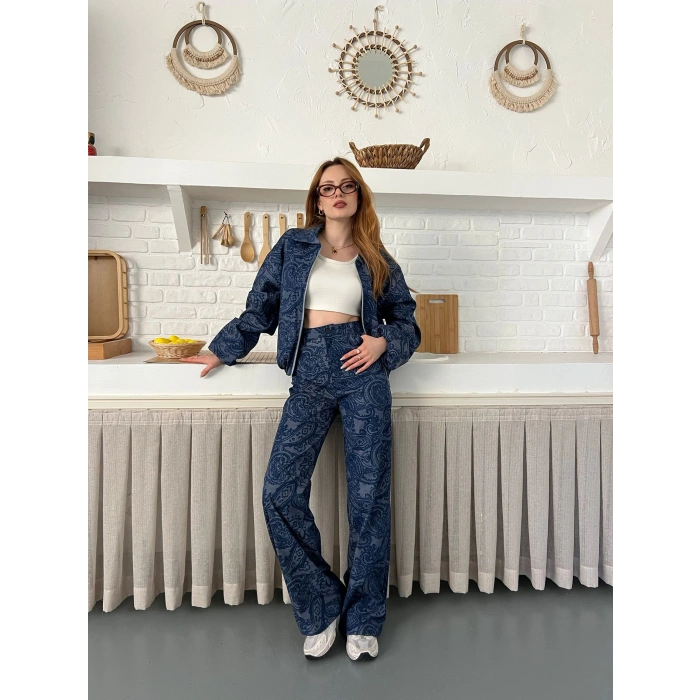 Desenli Tasarım Denim Takım Mavi
