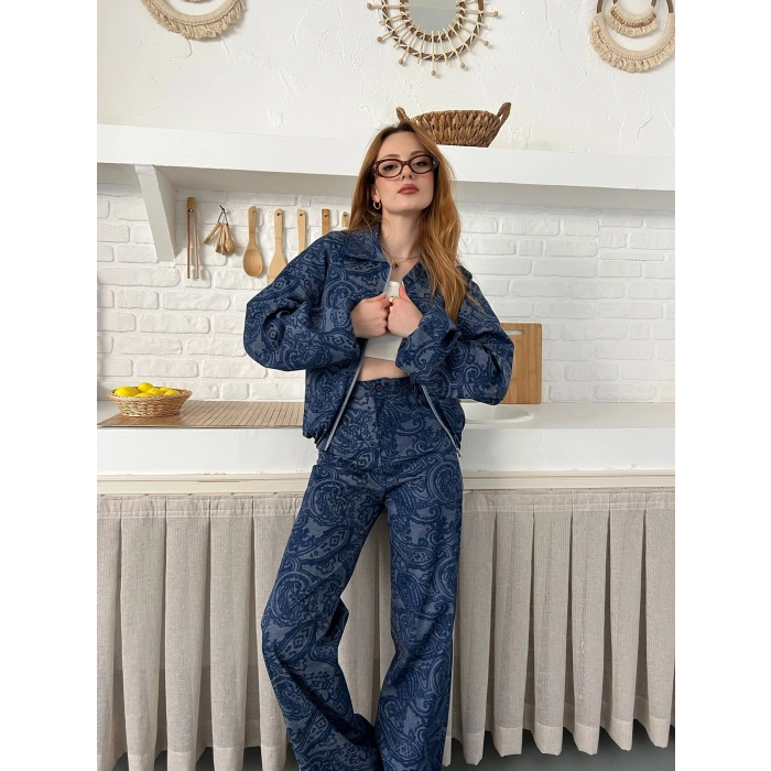 Desenli Tasarım Denim Takım Mavi
