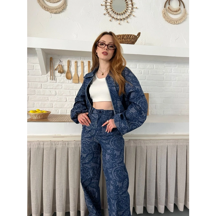 Desenli Tasarım Denim Takım Mavi