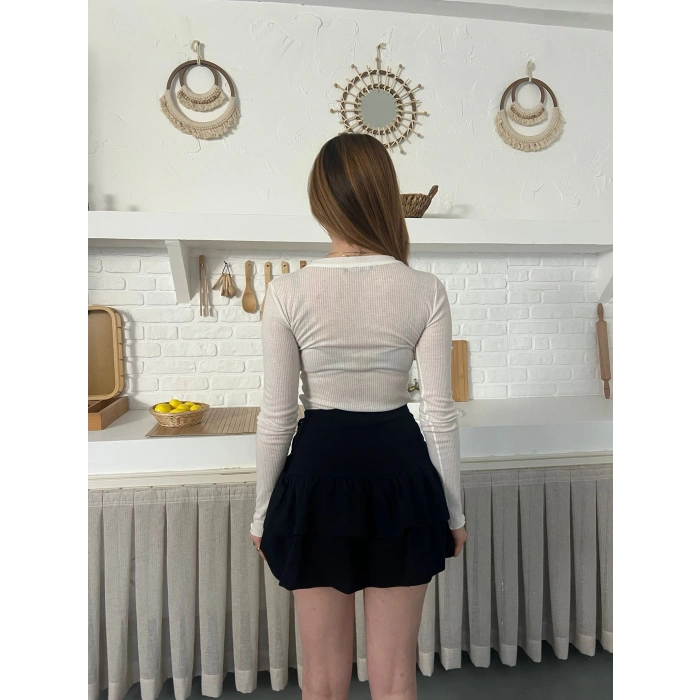 Kuş Gözü Detaylı İçi Şortlu Mini Etek Lacivert