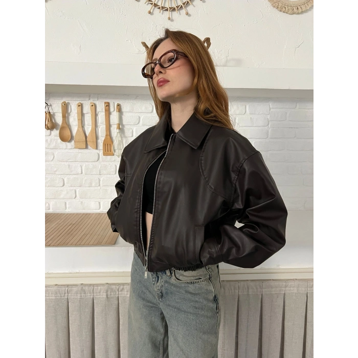 Bel Lastikli Cepli Deri Ceket Acı Kahve