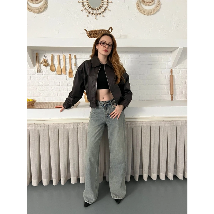 Bel Lastikli Cepli Deri Ceket Acı Kahve