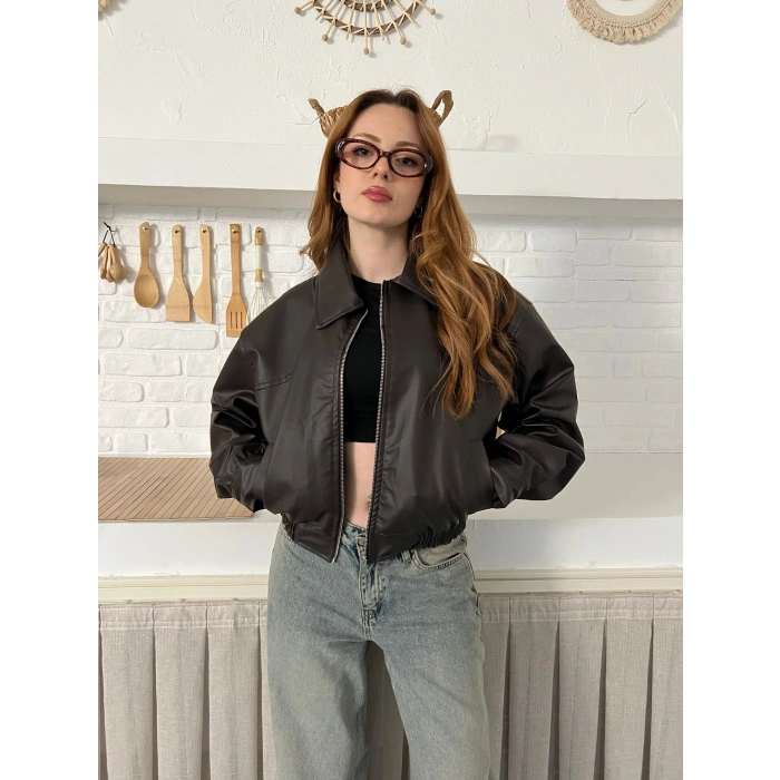 Bel Lastikli Cepli Deri Ceket Acı Kahve