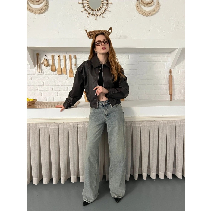 Bel Lastikli Cepli Deri Ceket Acı Kahve