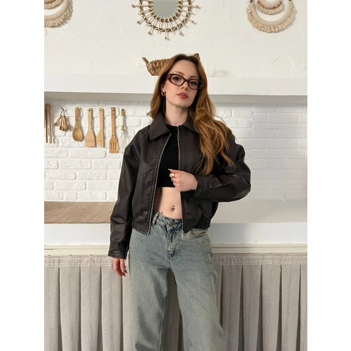 Bel Lastikli Cepli Deri Ceket Acı Kahve