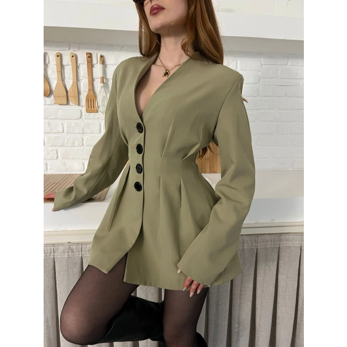 Düğme Detaylı Ceket Elbise Haki