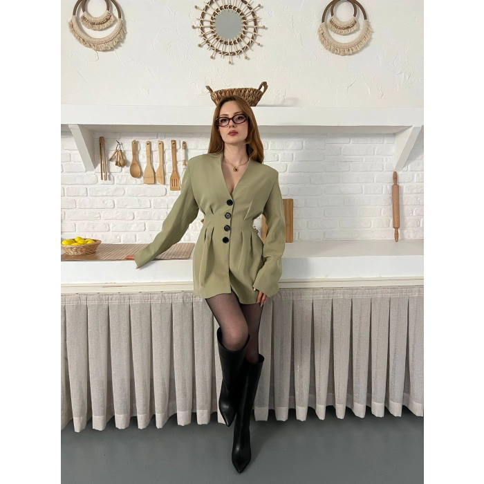 Düğme Detaylı Ceket Elbise Haki