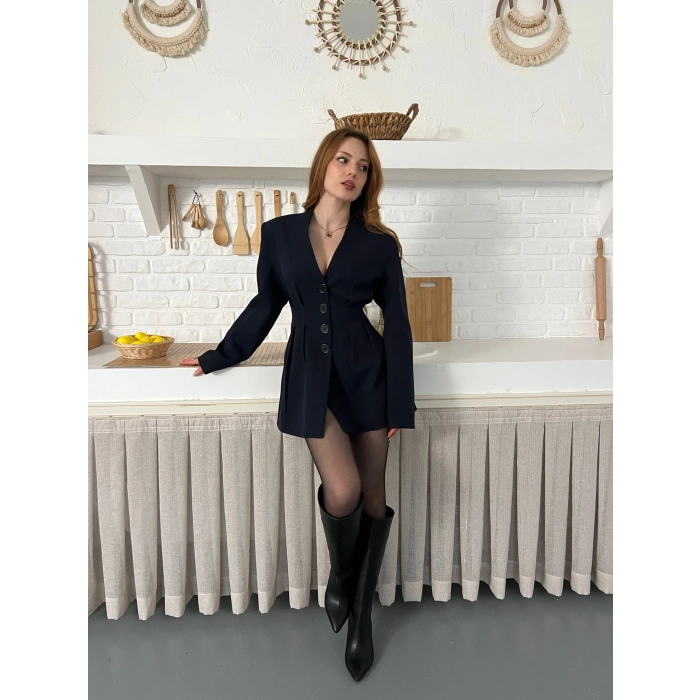 Düğme Detaylı Ceket Elbise Lacivert