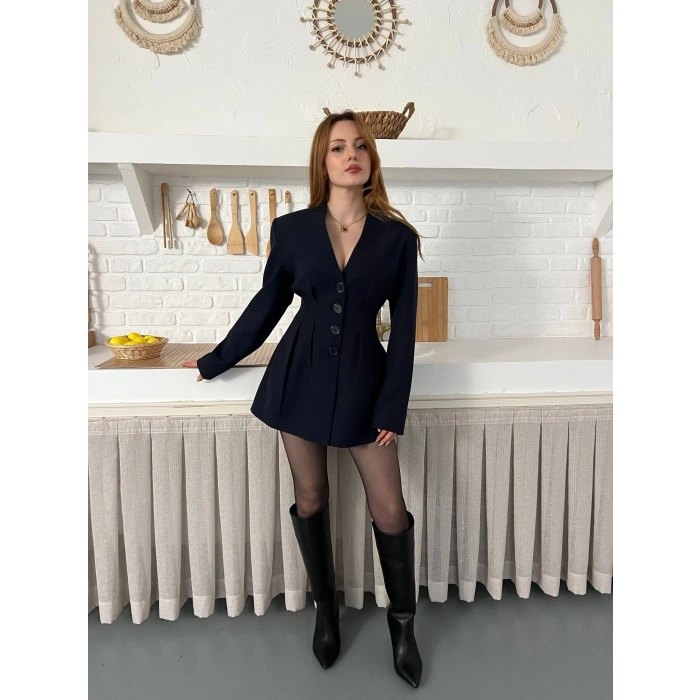 Düğme Detaylı Ceket Elbise Lacivert