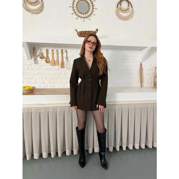 Düğme Detaylı Ceket Elbise Acı Kahve