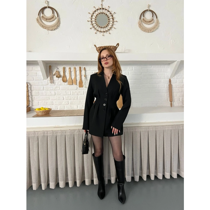 Düğme Detaylı Ceket Elbise Siyah