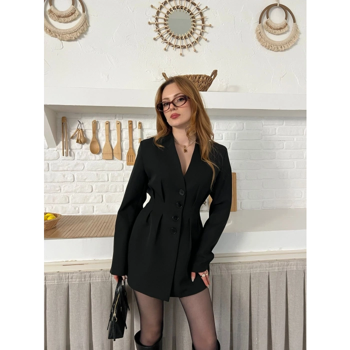 Düğme Detaylı Ceket Elbise Siyah