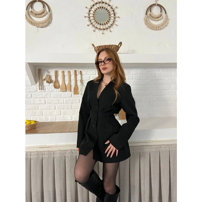 Düğme Detaylı Ceket Elbise Siyah