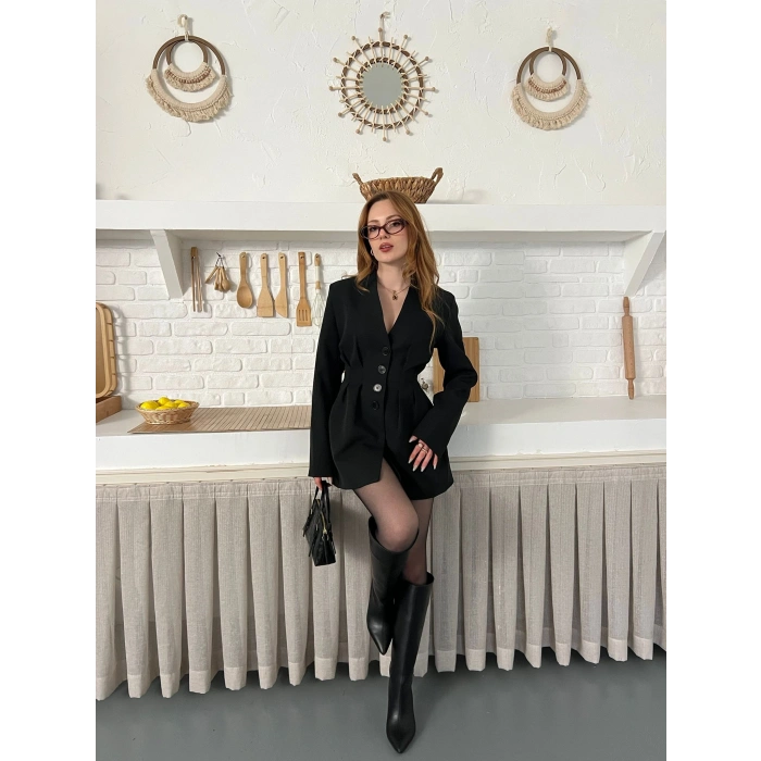 Düğme Detaylı Ceket Elbise Siyah