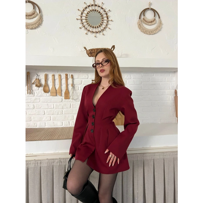 Düğme Detaylı Ceket Elbise Bordo