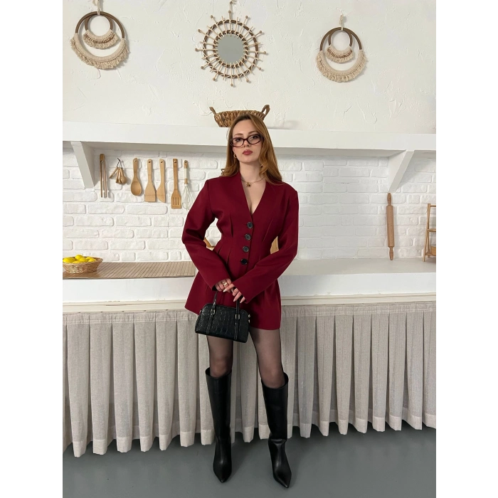 Düğme Detaylı Ceket Elbise Bordo