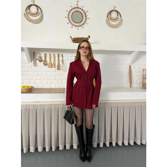 Düğme Detaylı Ceket Elbise Bordo