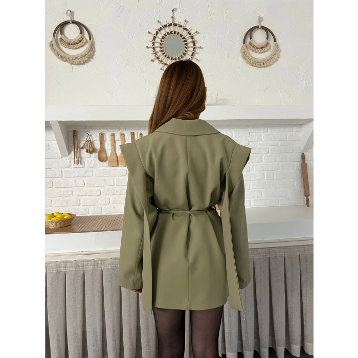 Omuz Detaylı Belden Bağlamalı Ceket Haki