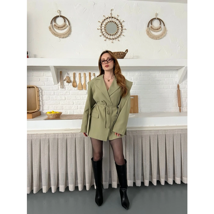 Omuz Detaylı Belden Bağlamalı Ceket Haki