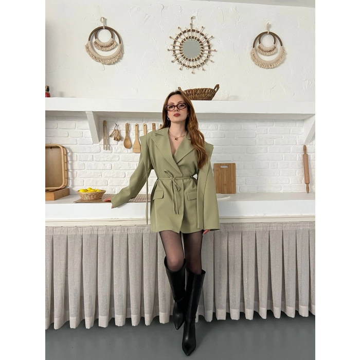 Omuz Detaylı Belden Bağlamalı Ceket Haki