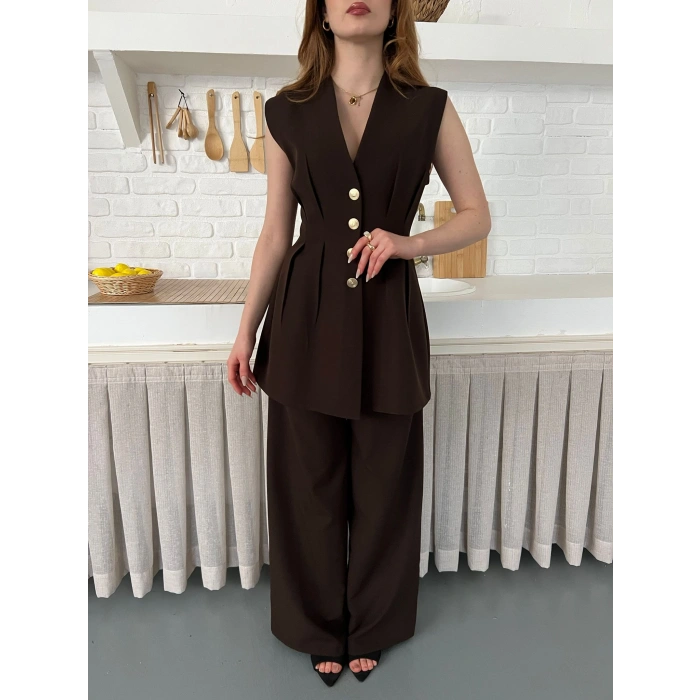 Gold Düğme Detaylı İkili Takım Acı Kahve