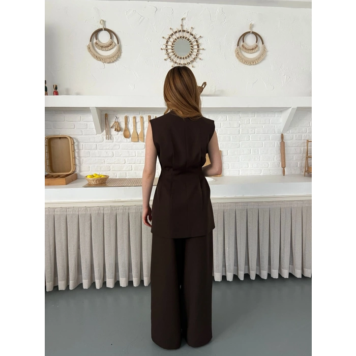 Gold Düğme Detaylı İkili Takım Acı Kahve