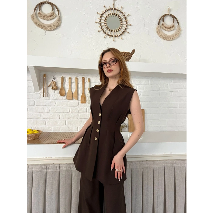 Gold Düğme Detaylı İkili Takım Acı Kahve