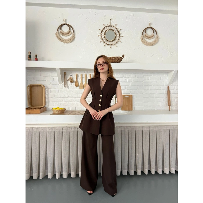 Gold Düğme Detaylı İkili Takım Acı Kahve