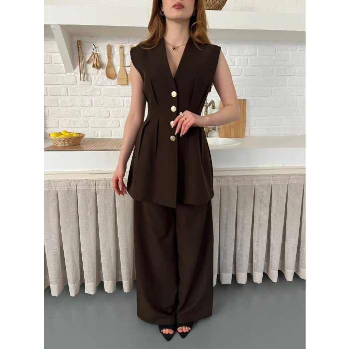 Gold Düğme Detaylı İkili Takım Acı Kahve