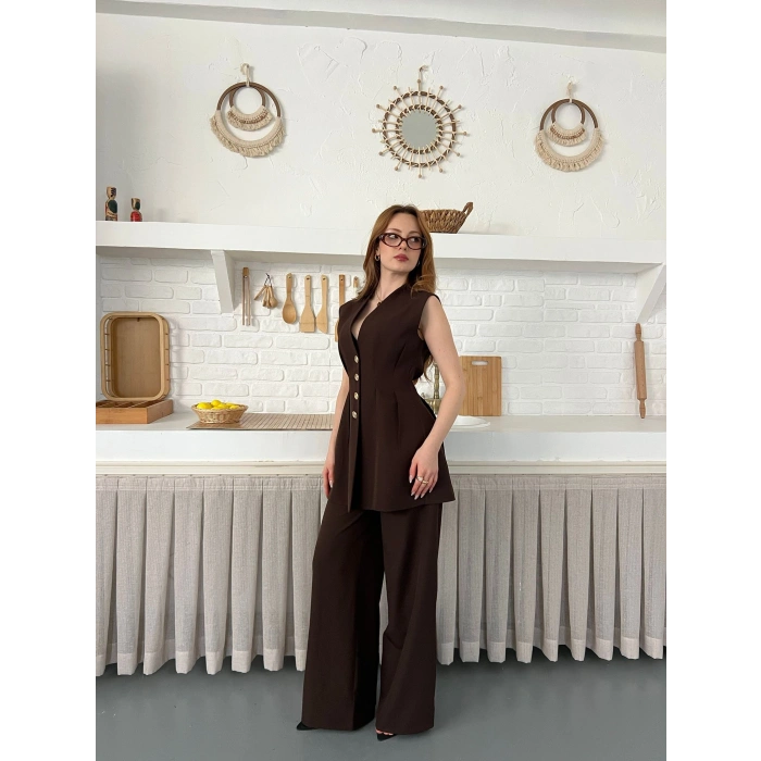 Gold Düğme Detaylı İkili Takım Acı Kahve