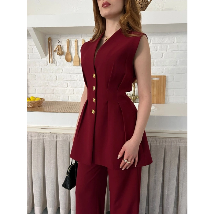 Gold Düğme Detaylı İkili Takım Bordo