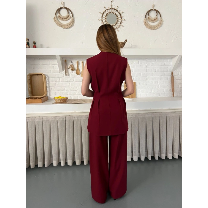 Gold Düğme Detaylı İkili Takım Bordo