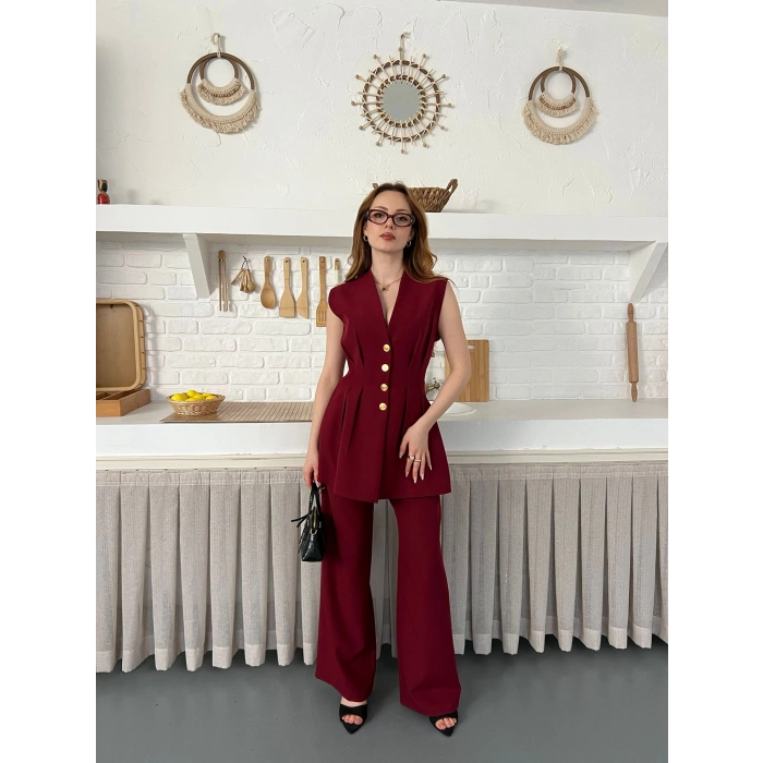 Gold Düğme Detaylı İkili Takım Bordo