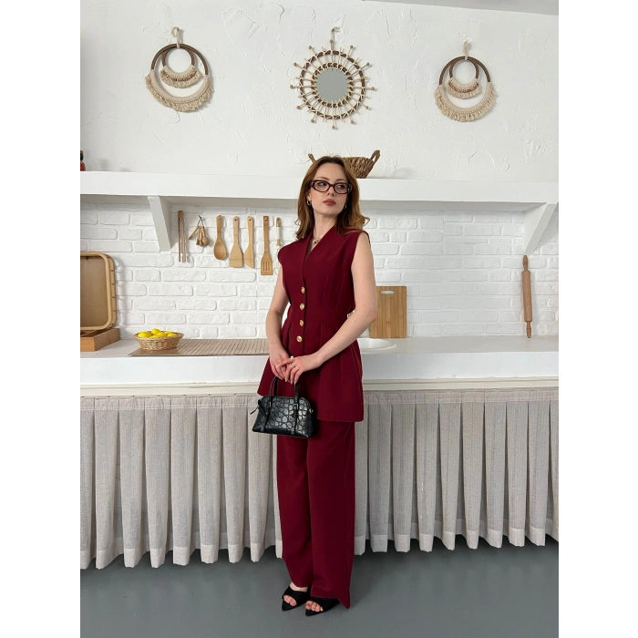 Gold Düğme Detaylı İkili Takım Bordo