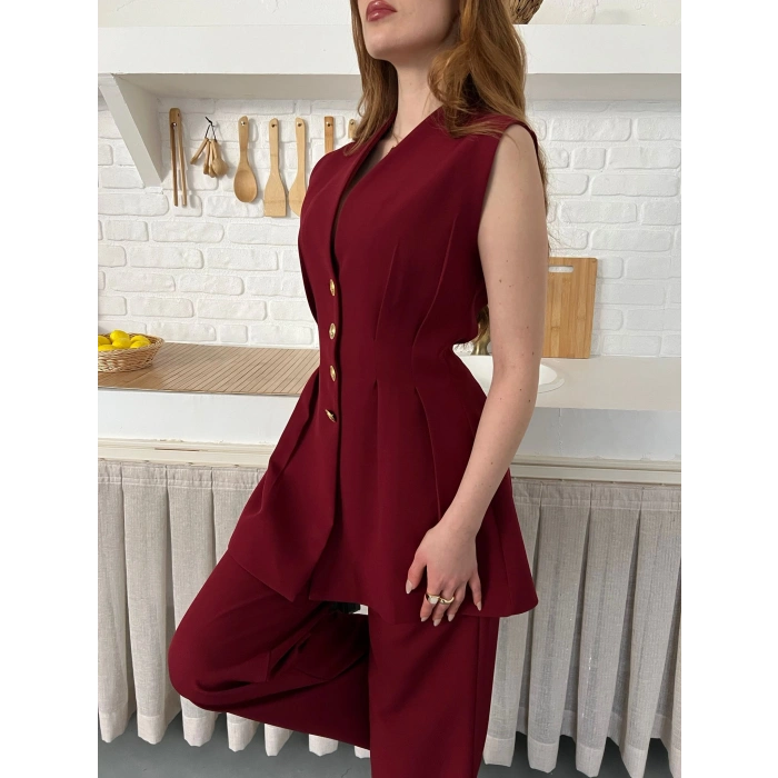 Gold Düğme Detaylı İkili Takım Bordo