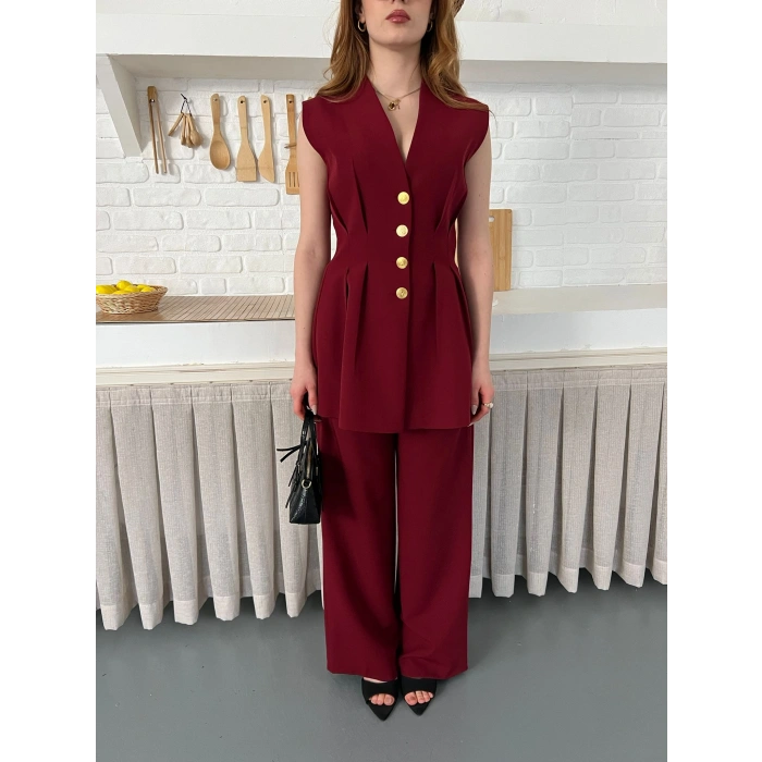 Gold Düğme Detaylı İkili Takım Bordo