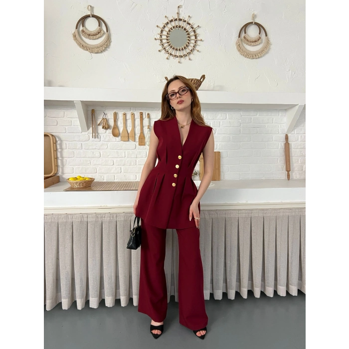 Gold Düğme Detaylı İkili Takım Bordo