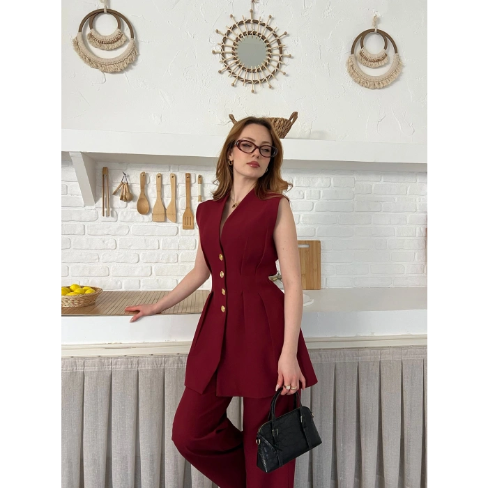 Gold Düğme Detaylı İkili Takım Bordo