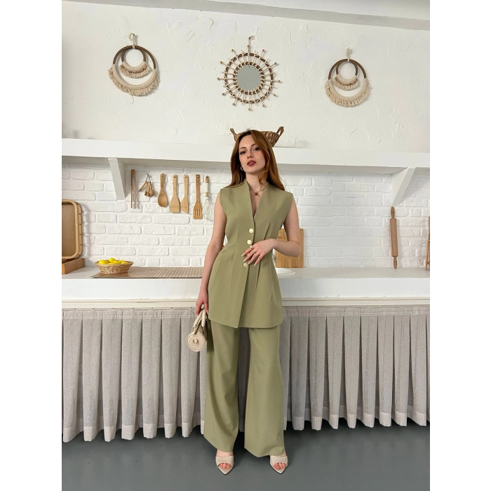 Gold Düğme Detaylı İkili Takım Haki